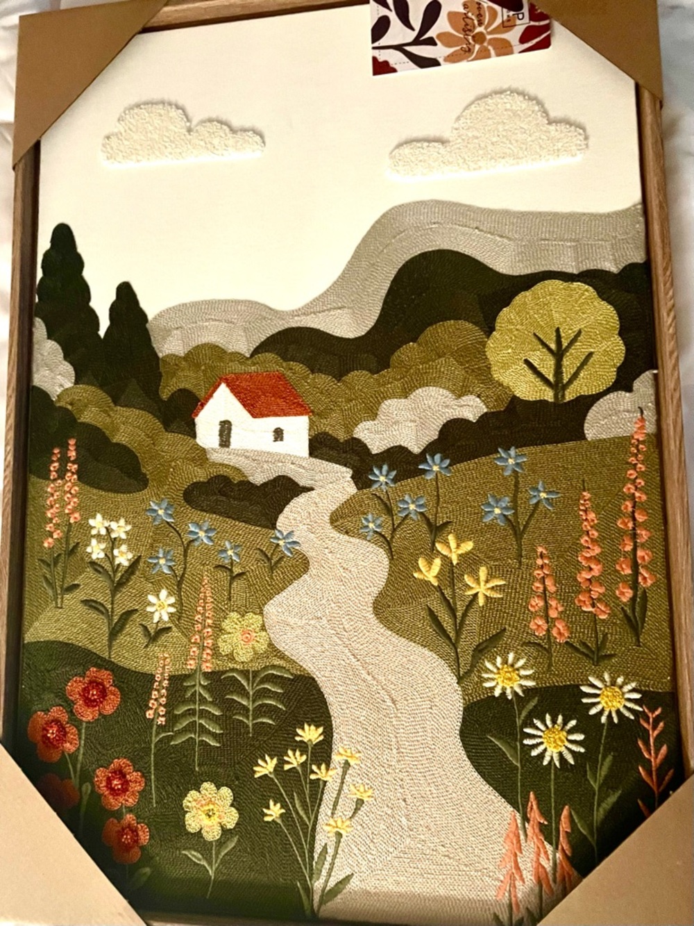 NEW BP Home Embroidered Country Path Mixed Media Wall Art - Green, Cream & Red